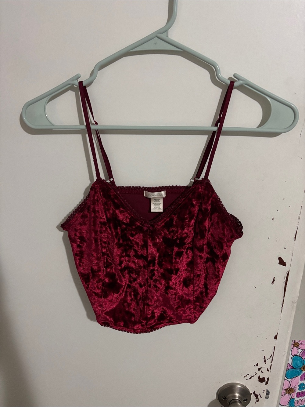 Junior's M Bozzolo Velour Camisole Crop Top Dark Red - Polyester Blend